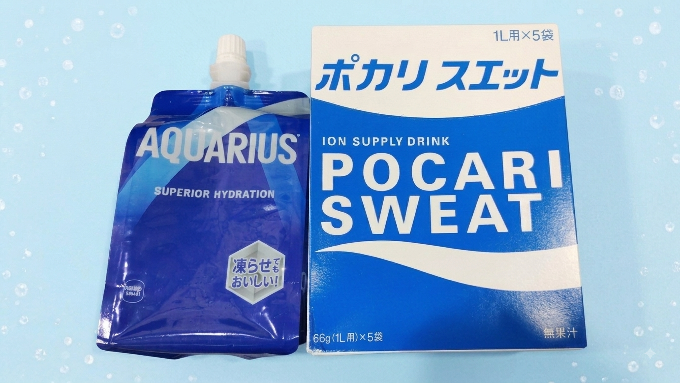 A freezable POCARI SWEAT pouch and powdered electrolyte drink mix